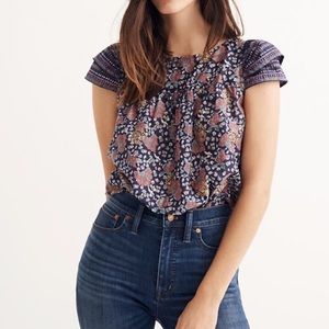 Madewell Cap Sleeve Floral Blouse - Navy and Coral